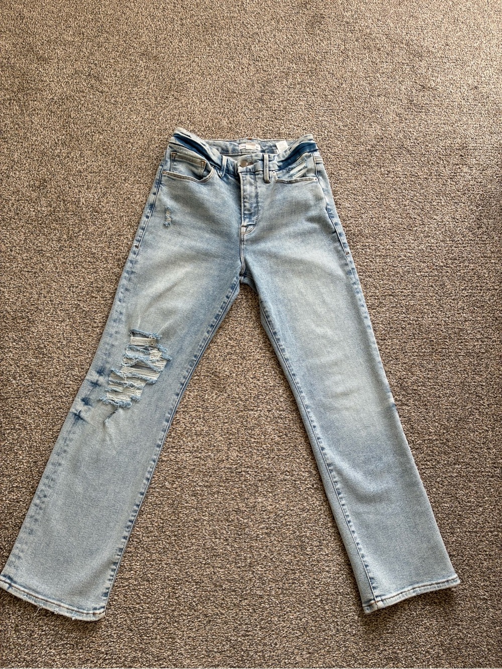 Good American Light Wash Straight Leg Jeans with Distressed Detail